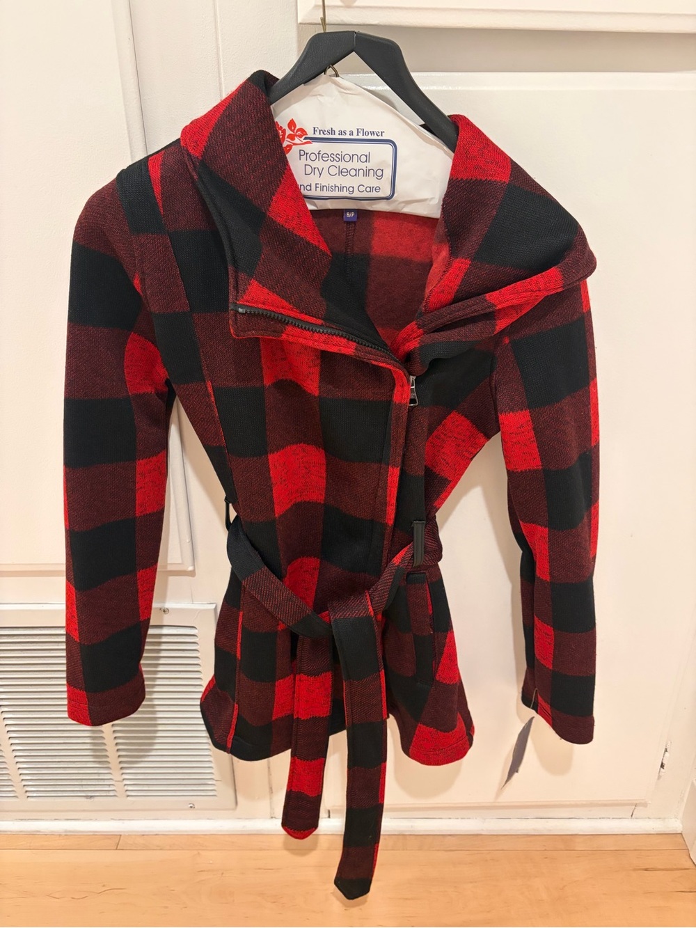 Madden Girl Red & Black Plaid Belted Pea Coat